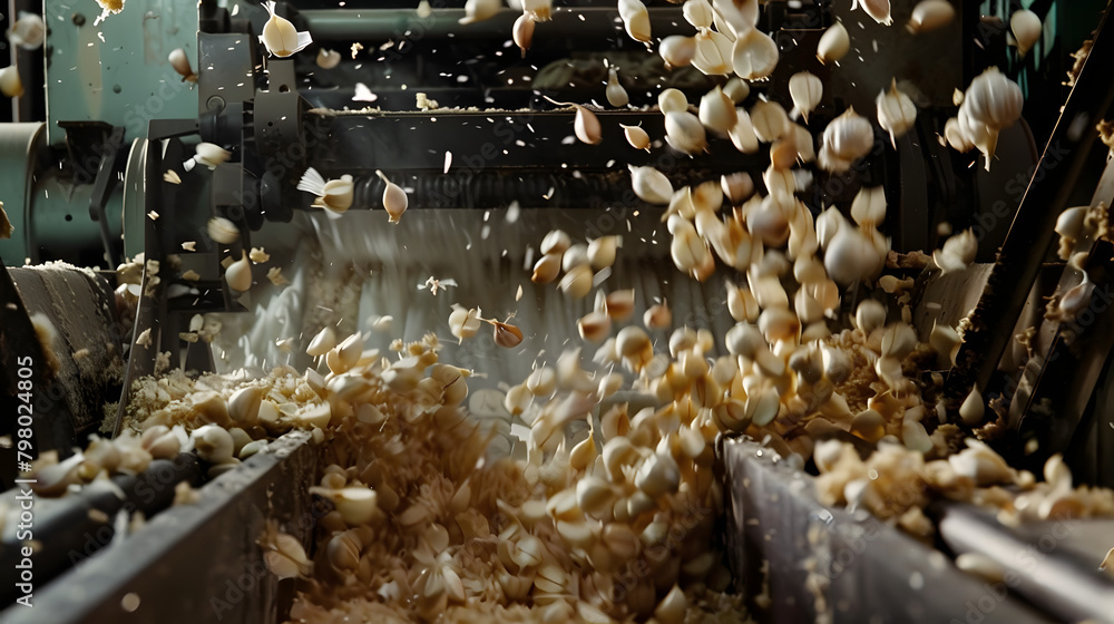 Aufkleber the food processing factory is swarming with bits of garlic being sliced and split on the moving mec