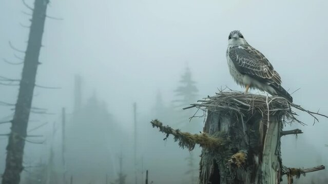 Osprey sitting on a nest in a misty forest setting, symbolizing natural solitude and watchfulness, Concept of wildlife conservation and habitat
