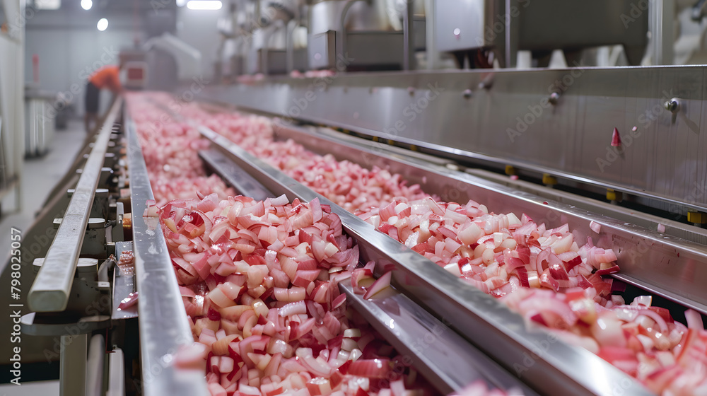 Poster The food production facility is jam-packed with chunks of onions being chopped and sectioned on the transport system. providing an impressive spectacle of automated processes. 