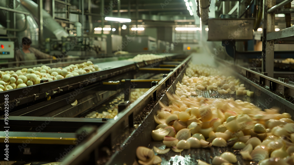 Aufkleber the food production facility is jam-packed with chunks of onions being chopped and sectioned on the 