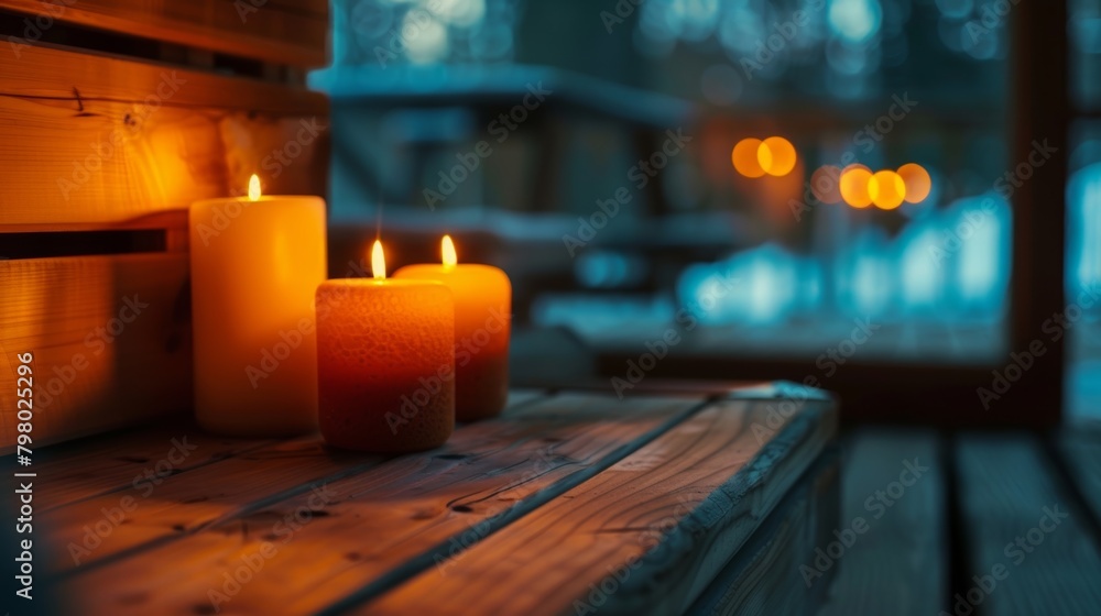 Poster the soft glow of candles and the sound of nature playing in the background creating a calming ambian