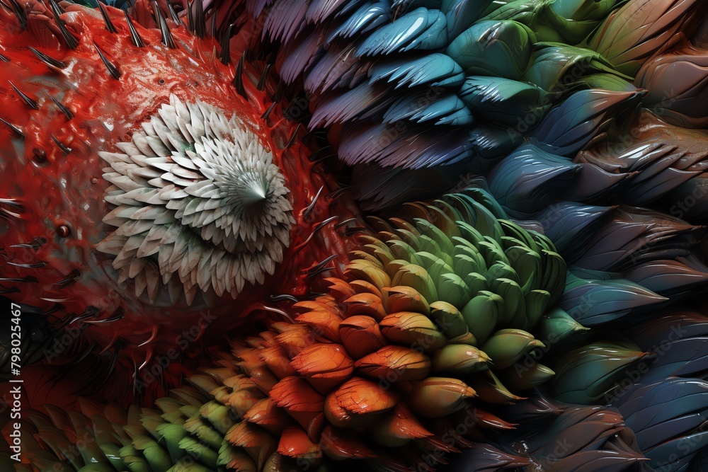 Fototapete a 3d rendering of a colorful and abstract organic structure with a central focus resembling an eye.