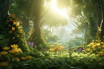 A beautiful sunlit forest glade filled with yellow and purple flowers and lush green vegetation.