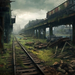 Abandoned industrial factory with rusty metallic warehouse buildings and railway. - 798025827