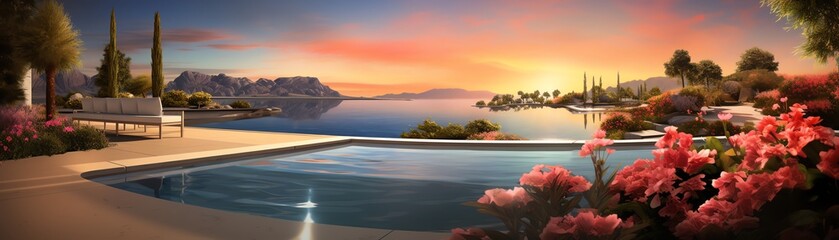 An infinity pool overlooking the ocean at sunset with lounge chairs and palm trees.