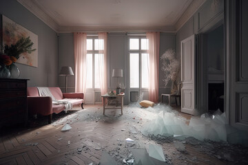 Abstract surreal interior of lightened room with strange decorations. - 798026028