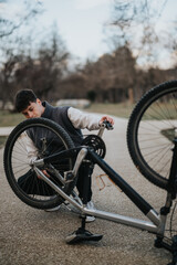 Casual male teenager takes a break to repair his bike in the park, showcasing a moment of...