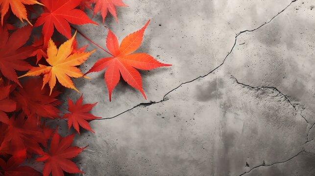Red and yellow maple leaves on a gray stone background.