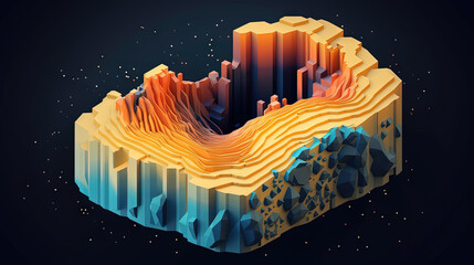 Abstract virtual isometric terrain with mountains. Slice of topographic ground with peaks.
