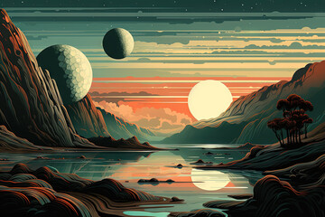 Alien planet landscape with mountains and moon over horizon in retro style. - 798026463
