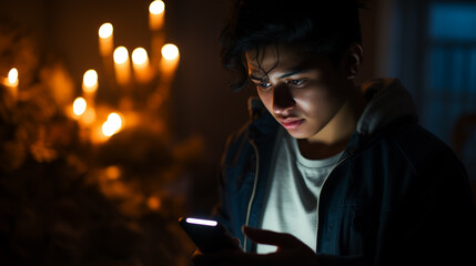 Young mobile phone addict man awake at night using smartphone for chatting, flirting and sending text message. - obrazy, fototapety, plakaty
