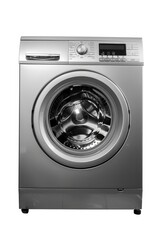 A modern silver washing machine on a clean white background. Perfect for household appliance concepts