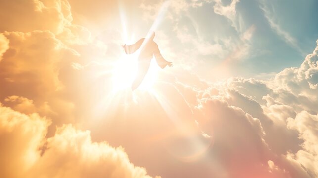 The resurrected Jesus Christ ascending to heaven above the bright light sky and clouds and God. He is Risen. Jesus Christ in the heaven. Passover or Easter concept.