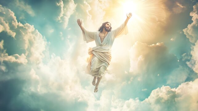 The resurrected Jesus Christ ascending to heaven above the bright light sky and clouds and God. He is Risen. Jesus Christ in the heaven. Passover or Easter concept.