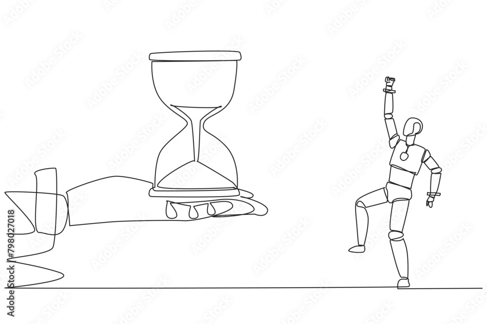 Poster continuous one line drawing a robot excited to get the hourglass from the giant hand. no time limit.
