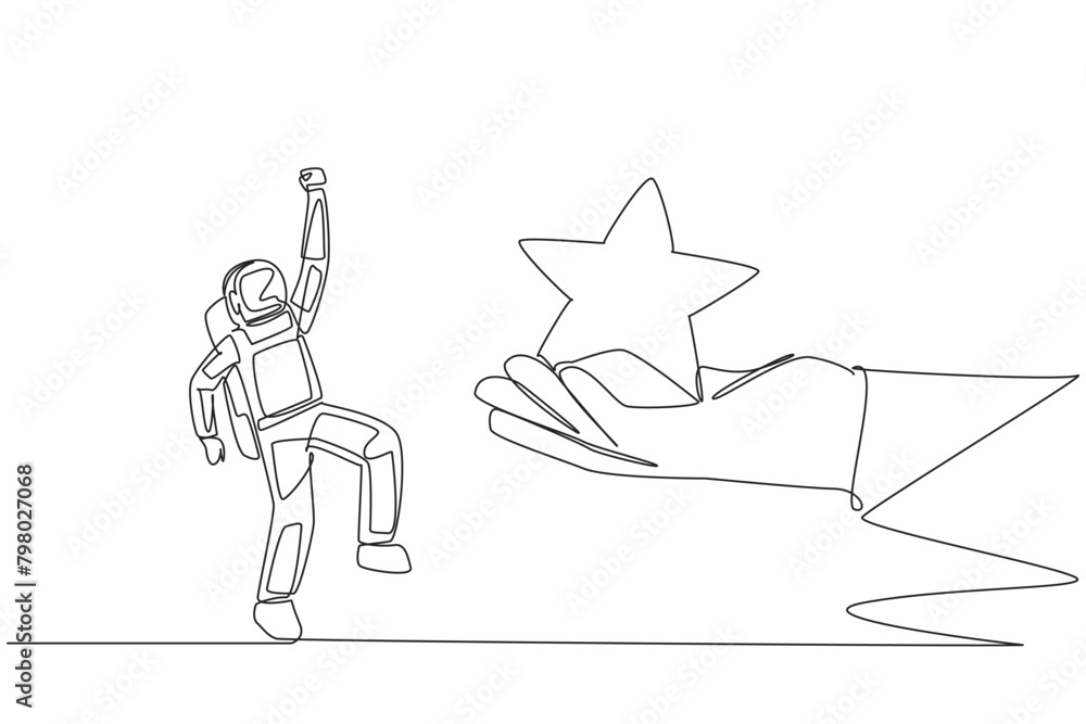 Poster continuous one line drawing astronaut was happy to get a star from the giant hand. achieving dreams.