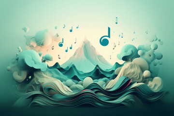 Abstract art of music notes floating above stylized mountain waves in pastel tones