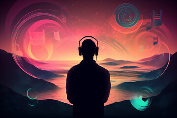 A person with headphones enjoys a vibrant sunset with abstract shapes