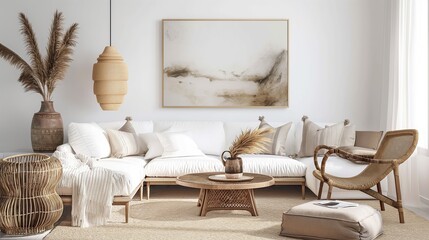 Living room in a Boho design. Boho interior design inspo. Living room in light colors with white walls and beaige decorations. Scandinavian design furniture.