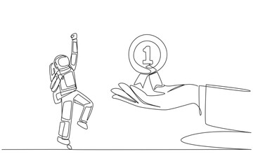 Single one line drawing astronaut was happy to get medal award from giant hand. Achievement. Confession. Successfully complete a space mission. Cosmonaut. Continuous line design graphic illustration