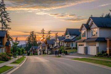 Houses On Street. New Suburban Neighborhood with Landscaped Residential Homes and Sidewalks at Sunset