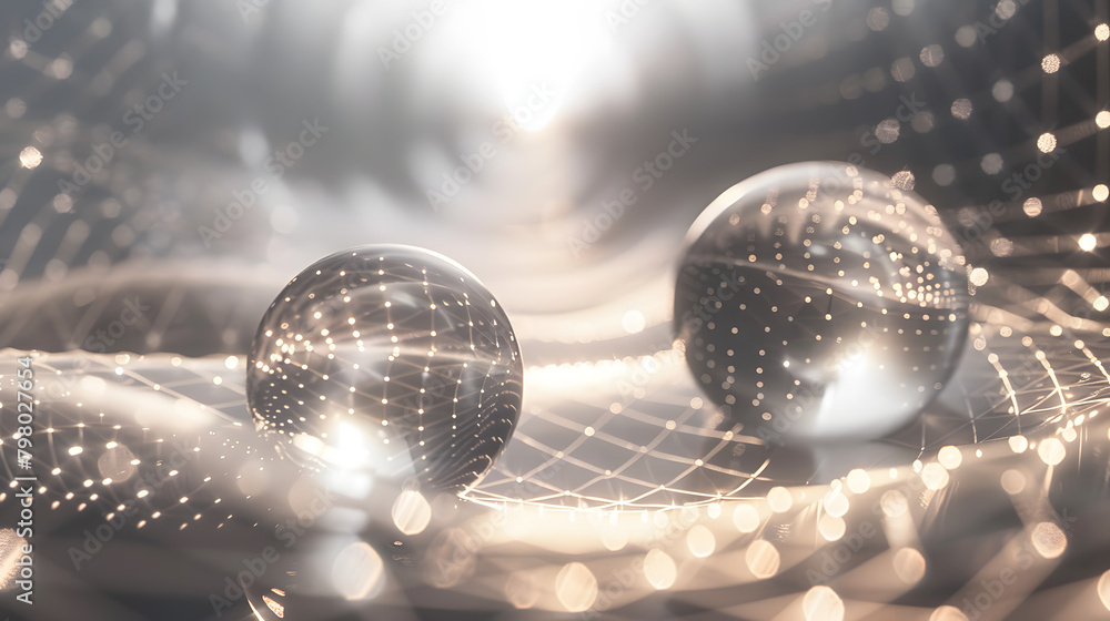 Poster two quantum particles. one on the left and another on the right