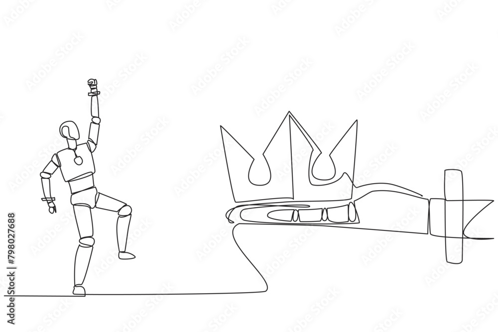 Aufkleber single continuous line drawing robot happy to get the crown from the giant hand. mastering the world