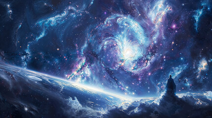 Cosmic Observer Overlooking Spiral Galaxy - obrazy, fototapety, plakaty