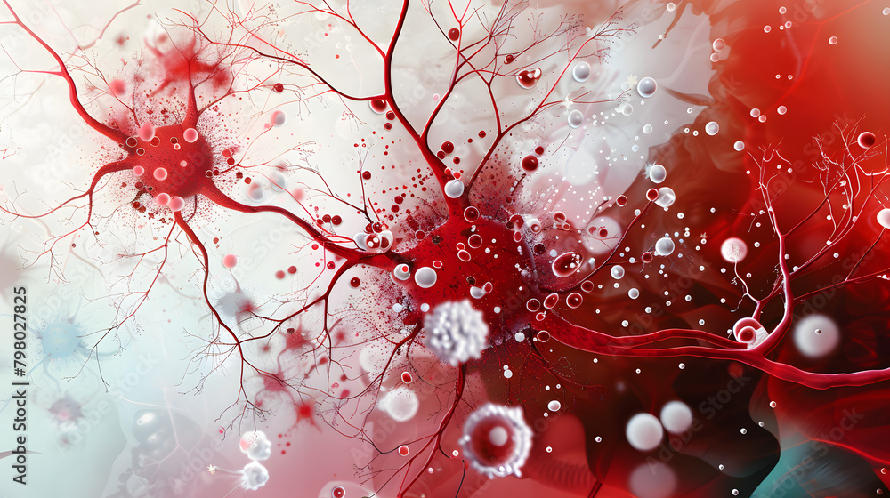 Poster two red neurons connecting. with white cellular spheres in between and an abstract background