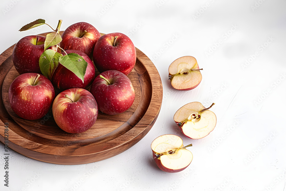 Wall mural Wooden plate with fresh red apples on white background