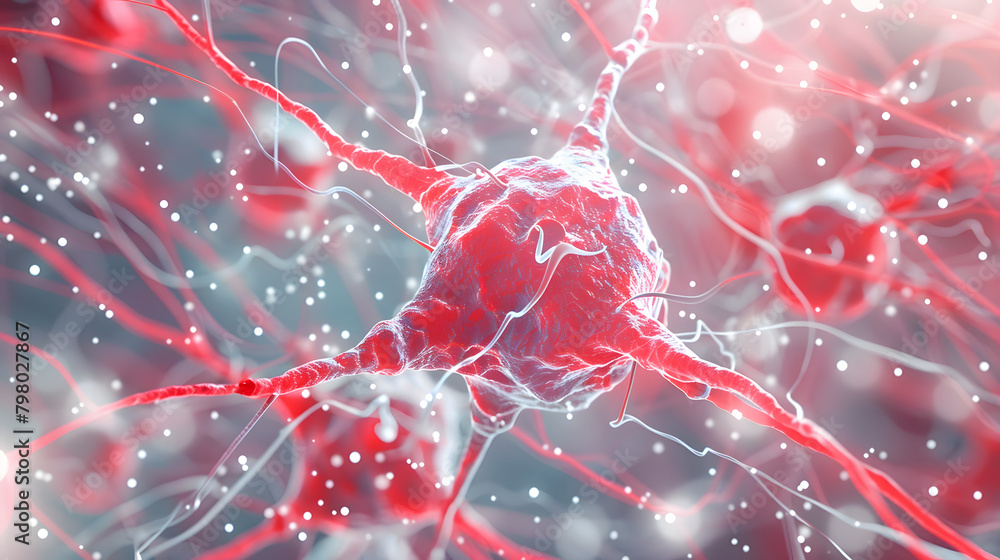 Poster two red neurons connecting. with white cellular spheres in between and an abstract background