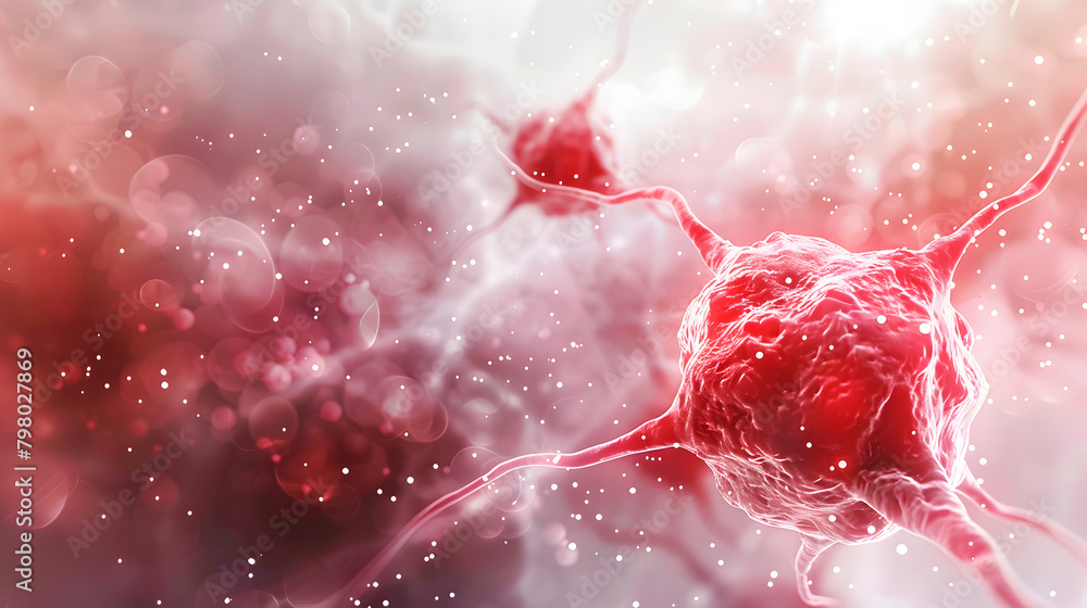 Poster two red neurons connecting. with white cellular spheres in between and an abstract background