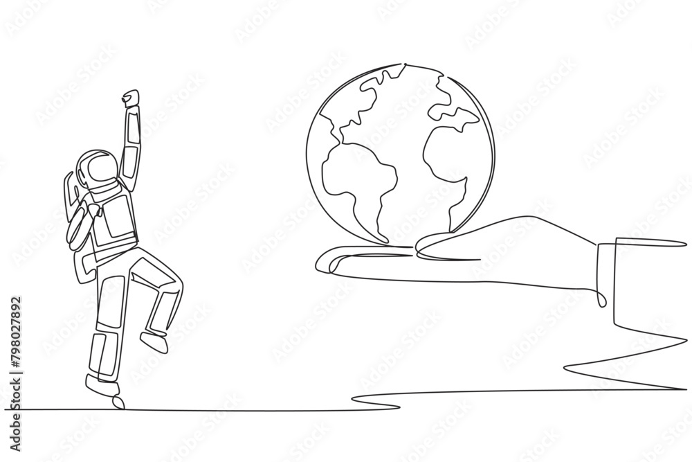 Poster single one line drawing astronaut excited to get the globe from giant hand. the space expedition is 