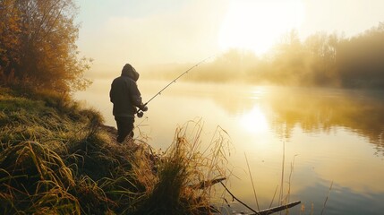 A fisherman with a fishing rod, a spinning reel on the bank of the river. Sunrise. A man fishing alone at the dawn. Fog on the background of the lake. foggy morning background. 
