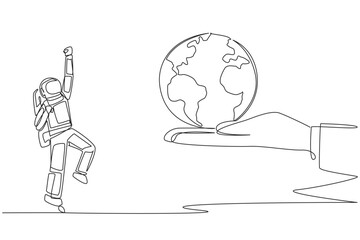 Single one line drawing astronaut excited to get the globe from giant hand. The space expedition is complete. Return to earth with joy. Spaceman deep space. Continuous line design graphic illustration