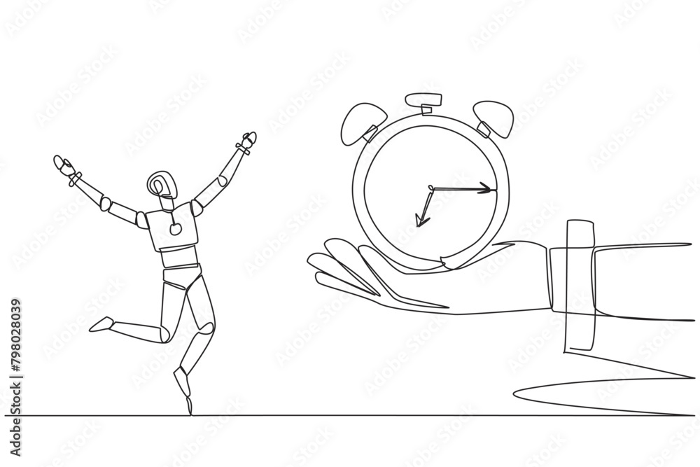 Poster single one line drawing a robot excited to get alarm clock from the giant hand. multitasking robot. 