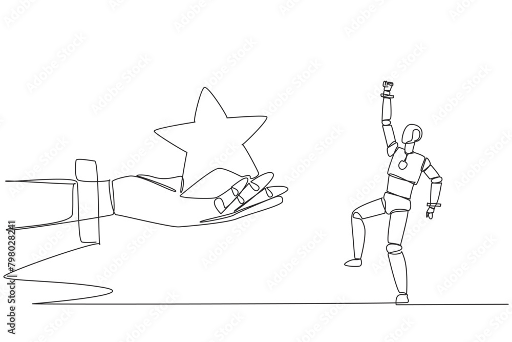 Poster continuous one line drawing a robot was happy to get a star from the giant hand. getting good review
