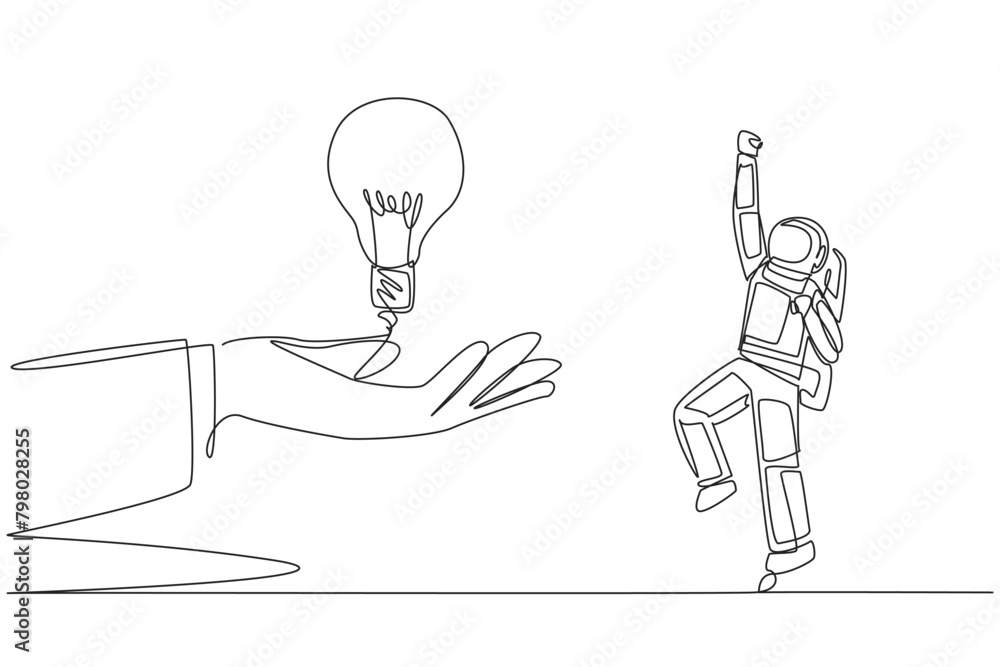 Aufkleber single continuous line drawing astronaut is excited to get lightbulb from a giant hand. the need for