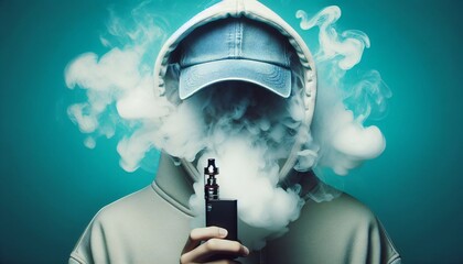Ein Mann mit Basecap und Kapuze raucht eine E-Zigarette mit sehr viel Dampf, Vape, copy space - obrazy, fototapety, plakaty