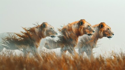 the seamless fusion of the lion and the African savanna captured in double exposure photography,...