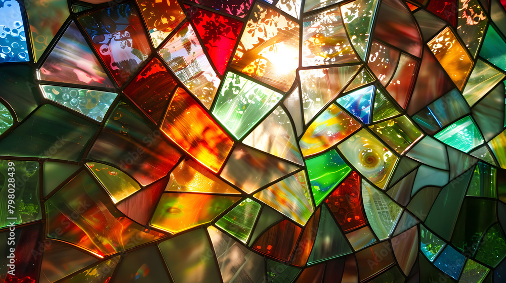 Poster various pieces of stained glass integrate to form a luminous and complex pattern.