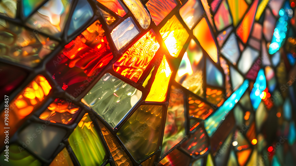 Poster various pieces of stained glass integrate to form a luminous and complex pattern.