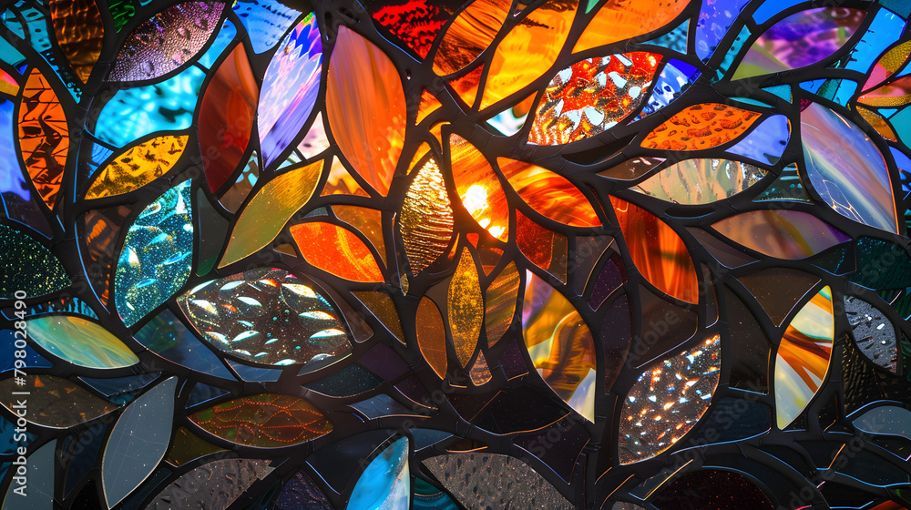 Poster various pieces of stained glass integrate to form a luminous and complex pattern.