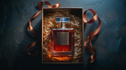 A glass perfume bottle in an open box rests on golden tissue paper. The box is adorned with a long satin ribbon, creating an elegant and luxurious presentation against a dark textured background