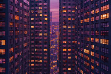 cityscape of american tall apartment buildings at dusk, symmetrical perspective, skyscrapers, modern city, purple sky reflecting and orange lights in the windows, photorealistic // ai-generated 