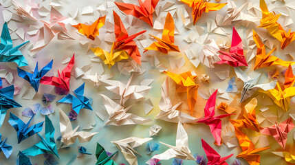 Vibrant origami birds unite to create a dynamic and lively mosaic. 