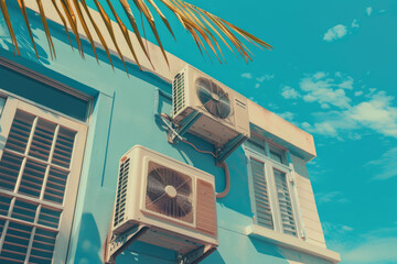 Obraz premium A heat pump installed on a facade, illustrating energy-efficient heating or cooling technology integrated into a building's exterior.