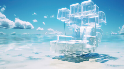 Ice chair on the beach, refreshing concept. Vacation on the hot shore with cold chair. - 798029269