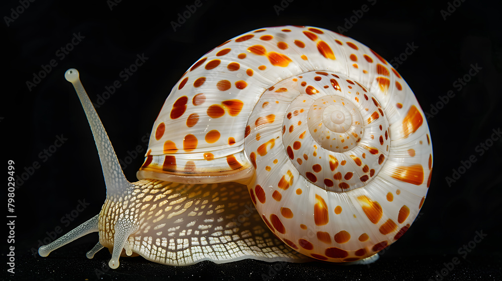 Poster white snail with a symmetrical pattern of orange spots on the body. shown from the front