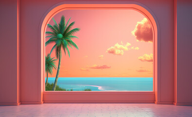 Open window with tropical landscape and ocean in y2k or vaporwave style. Pink sunrise in 90s style room, vacation calmness frame. - 798029424